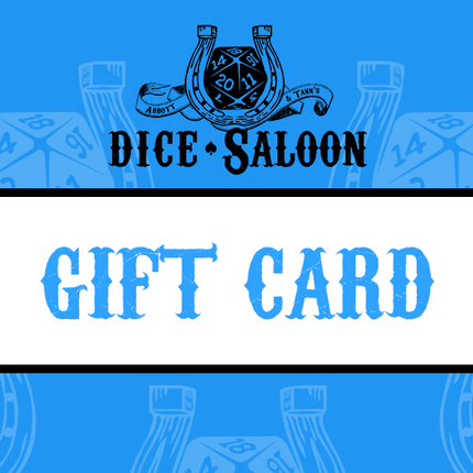 Dice Saloon gift card with dice design on a blue background