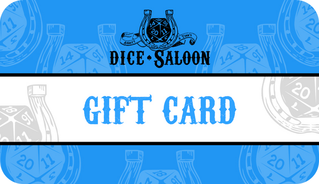 Dice Saloon gift card with dice design on a blue background