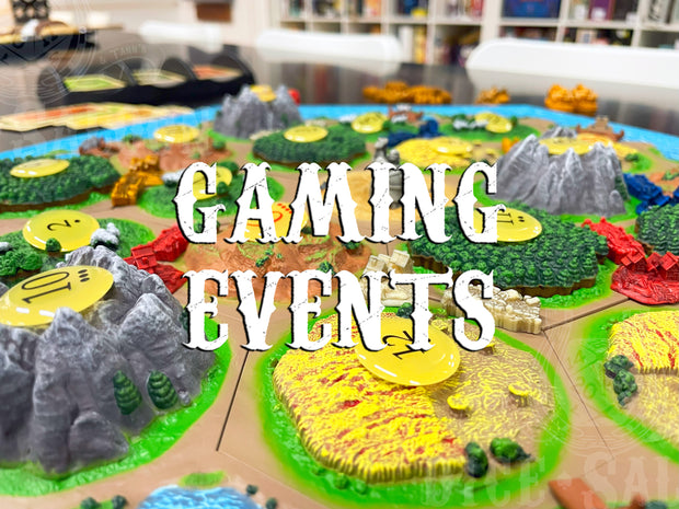 Board game with scenic landscape and 'Gaming Events' text overlay