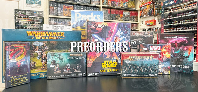 Collection of board game boxes with prominent 'Preorders' text in a store setting.